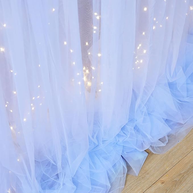 Baby Blue Sheer Tulle Backdrop Curtains with Lights String for Parites Baby Shower Decorations for Boy Bridal Shower Birthday Party Photo Shoot Background Wall Decorations 10×8ft(2 Panels 5×8ft)