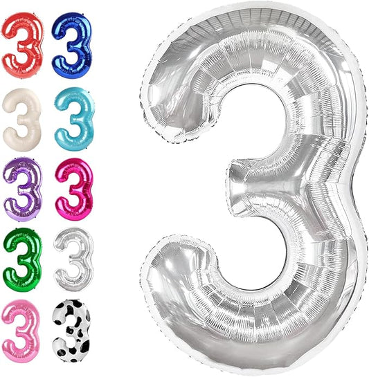 40 Inch Silver 3 Large Number Balloon, 3 13 23 30 33 36 38 Silver Birthday Party Decorations, Number Three Foil Balloons for Anniversary Party Graduations Celebration Supplies