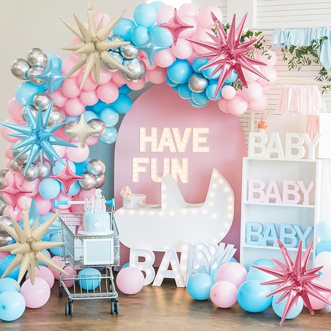 Pink Blue White Star Balloon,Pink Blue 6Pcs 22Inch Explosion Star Balloons and 10Pcs 10Inch Four Angle Balloons Kit for Birthday Anniversary Baby Shower Wedding Party Decorations