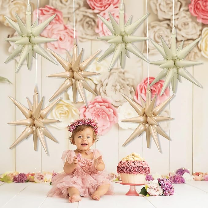 6PCS Star Balloons, 22Inch Large Cream Caramel Star Balloon Foil Balloons Spike Cone Balloon for Birthday Baby Shower Wedding Boho Party Decorations