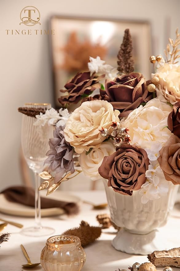 TINGE TIME Silk Fake Flowers Combo, Fake Foam Roses with Stems for DIY Wedding Bouquets Centerpieces Baby Shower Party Home Decorations(Brown & Nude Color)