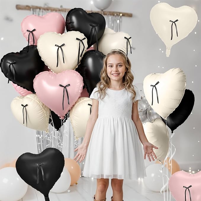 Pink and Black Heart Balloons, 10 Pcs Baby Pink Cream Heart Shaped Balloon with Black Bow Ribbon, 18 Inch Pink Sand White Foil Balloons for Brithday Baby Shower Wedding Valentines Party Decoration