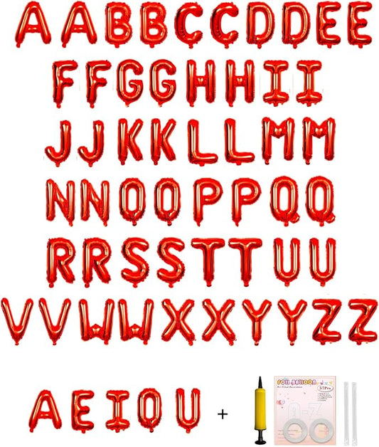 58 PCS Letter Balloons Alphabet Letters 2 Sets A- Z & 1 Sets AEIOU 16 - Inch Mylar Foil Balloons Set for Wedding/Birthdays/Annivs/Grads party Decoration Banner Custom Phrase（red）
