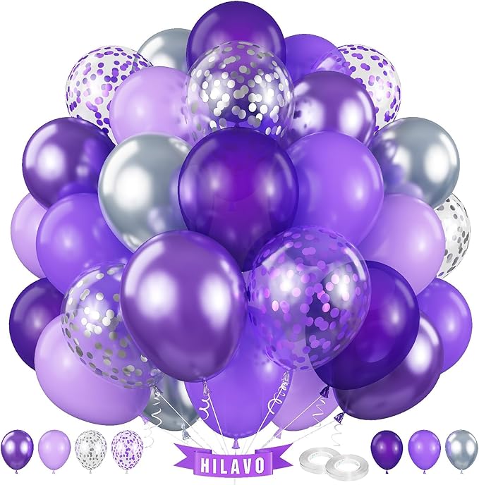 Purple Balloons Set 60 Pcs Dark Purple and Silver Balloons 12 Inch Royal Purple Metallic Silver Confetti Balloon for Girls Women Butterfly Retirement Wedding Bridal Shower Birthday Party Decorations