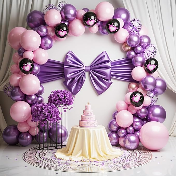 Pink Purple Black Balloons, 50PCS 12 Inch Black Macaron Metallic Purple Pink Birthday Heart Printed Balloons for Princess Theme Birthday Decorations Baby Shower Party