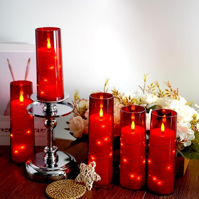 Flameless Candles,with Embedded Star String, Battery Operated Candles Flickering LED Pillar Candles with Remote Control and Timer, Home Decoration Add a Warm and Romantic Atmosphere，Set of 7 (Red)