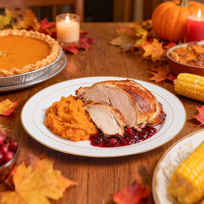 JollyPack 100 Piece Disposable Gold Plastic Party Plates, Including 50 10 Inch Dinner Plates and 50 7 Inch for Dessert, Great for Parties, Weddings, Home Use, and Thanksgiving