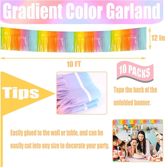 10 Pack 10 Feet Foil Fringe Garland Metallic Tinsel Streamers Banner Wall Hanging Curtain Backdrop for Parade Floats, Bachelorette, Wedding, Birthday, Easter, Carnival Party Decorations(Rainbow)