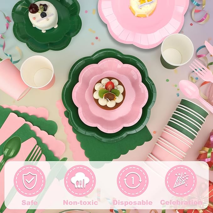 416 Pcs Pink And Green Party Supplies - For 52 Guests Paper Plates And Napkins Knives Spoons Forks Cups - Disposable Big Scalloped Dinner Party Set Cutlery - For Baby Shower Bridal Shower Wedding