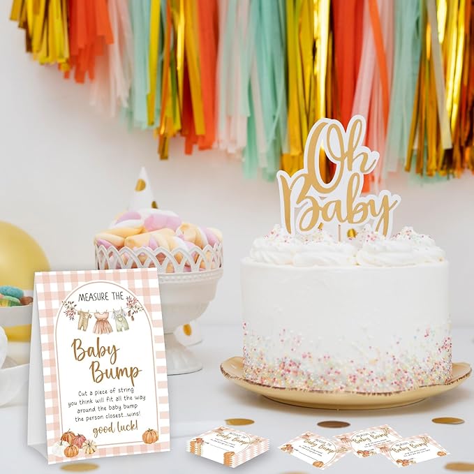 Pumpkin Measure The Baby Bump - Thanksgiving Baby Shower Card Set (1 Sign With 50 Guess Cards), Fall Gender Reveal Party Favor Supplies -A21