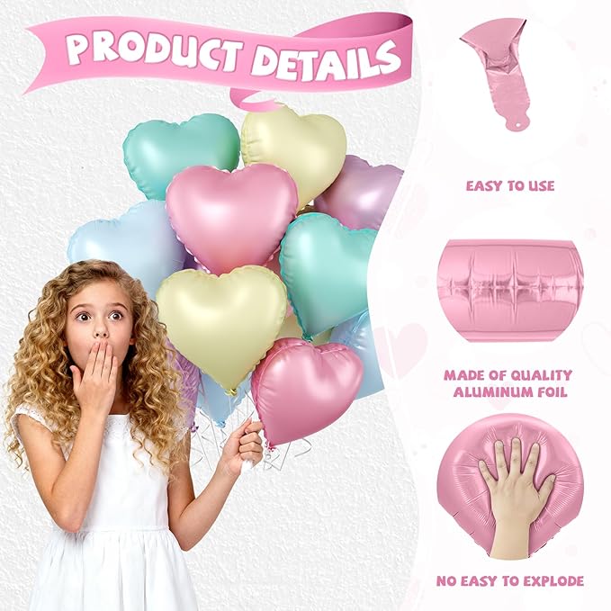 Pastel Heart Balloons, 10 Pcs Macaron Heart Shape Balloon, 18 Inch Pastel Pink Purple Teal Blue Yellow Foil Valentines Balloons for Kids Candy Birthday Wedding Valentines Baby Shower Party Decorations