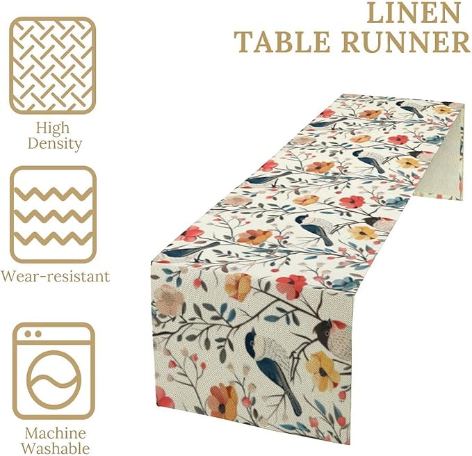 Spring Bird Floral Table Runner,Birds Table Runner Burlap Table Decoration for Summer Seasonal Home Kitchen Dining Dinner Indoor Holiday Farmhouse Decor 13x108 Inch