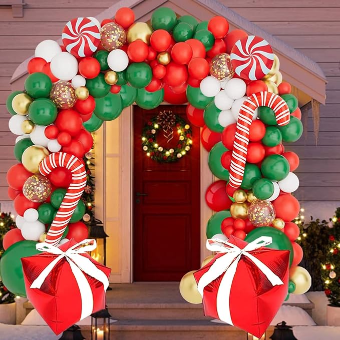 Christmas Balloon Garland Arch Kit,Xmas Holiday Balloons Red Green White Gold Confetti Balloons with Candy Cane Box Foil Balloon for Christmas Party Birthday Xmas Party Decorations