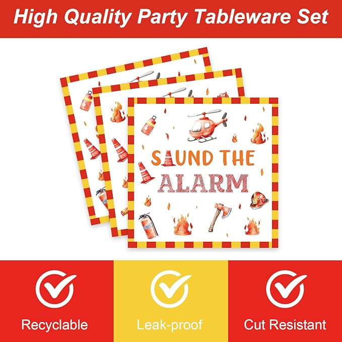 96Pcs Firetruck Birthday Party Decorations for 24 Guests - Disposable Tableware Firetruck Party Supplies Plates and Napkins Forks for Boys Baby Shower Birthday Decorations