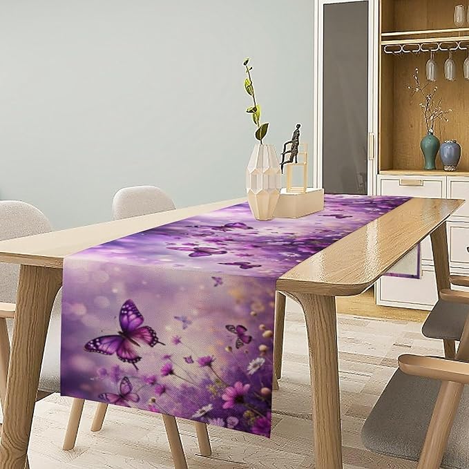 Flowers Butterfly Spring Table Runner, Purple Floral Seasonal Kitchen Dining Table Decoration for Home Party Decor 13x90 Inch