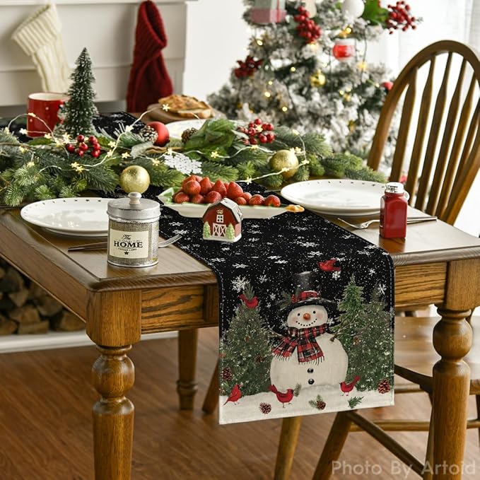 Artoid Mode Snowman Birds Trees Christmas Table Runner, Seasonal Black Winter Holiday Kitchen Dining Table Decoration for Home Party Decor 13 x 72 Inch