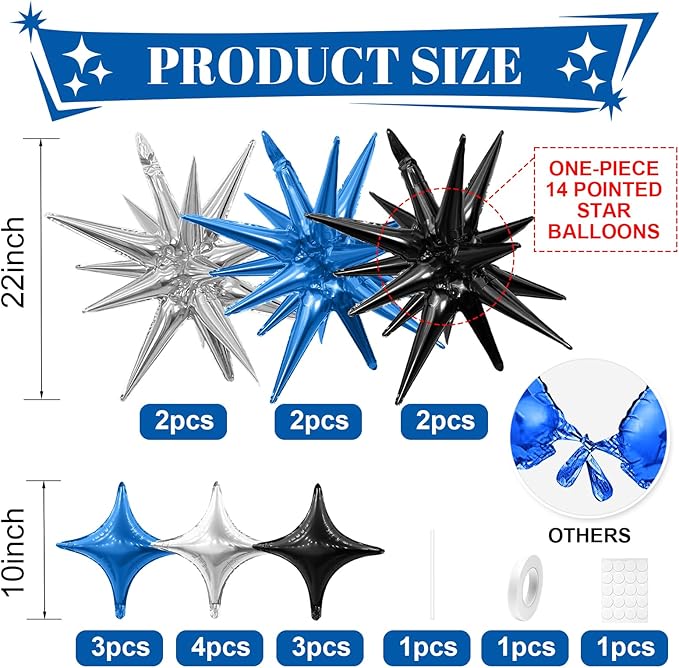 Black Blue Silver Star Balloons,Explosion Star Balloons Kit with 6Pcs 22Inch Cone Star Foil Balloons and 10Pcs 10Inch Four Pointed Star Balloons for Birthday Anniversary Disco Party Decorations