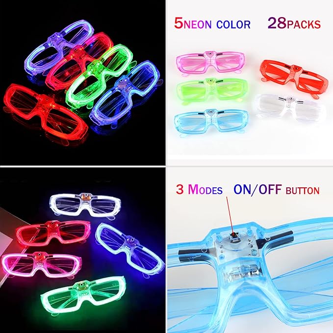 28 Packs LED Glasses 5 neon color 3 Light Modes Glow Sticks Light Up Glasses,Glow In The Dark Party Supplies Favors for Kids Adults Flashing toy fit Valentine's Day Easter Christmas Halloween Birthday