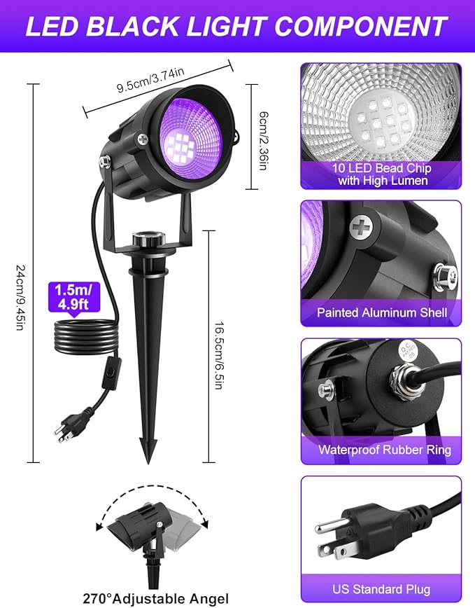 Outdoor Black Light Spotlight, LED Black Lights Waterproof Landscape Lights with US Plug for Glow Party Body Paint Fluorescent Poster Stage Lighting Yard Garden Halloween Decoration(6 Pack)