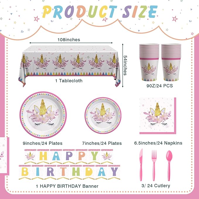 Unicorn Birthday Decorations for Girls, 170 Pcs Unicorn Party Decorations Including Banner, Plates, Cups, Napkins, Cutlery and Tablecloths, Serves 24