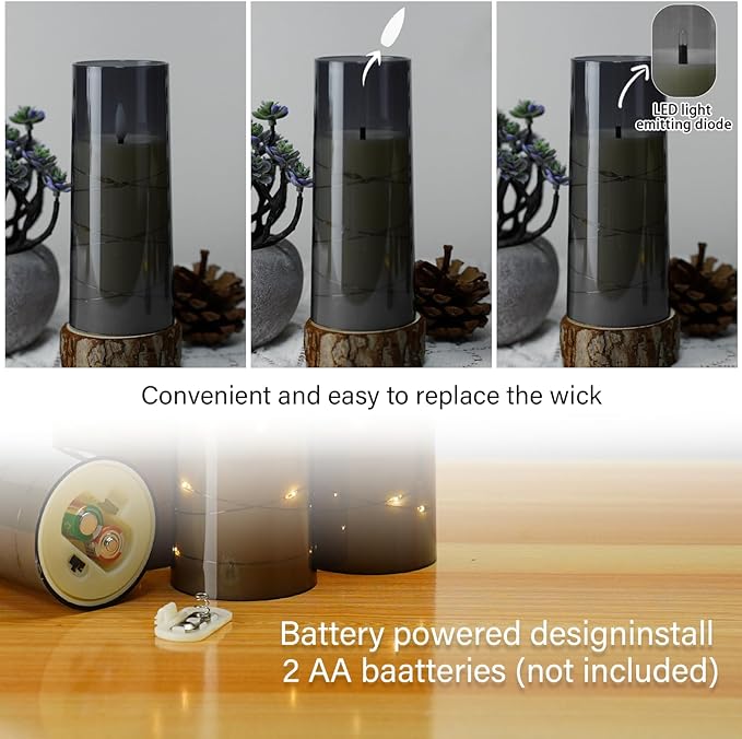 Flameless LED Candles with Timer 5 Pc Flickering Flameless Candles for Romantic Ambiance and Home Decoration Stable Acrylic Shell,with Embedded Star String，Battery Operated Candles（Grey）