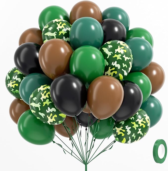 60pcs 12inch Camo Balloons, Green and Brown balloons with Dark Green Black Balloons for Hunting Camping Game Jungle Theme Camo Birthday Party Decorations
