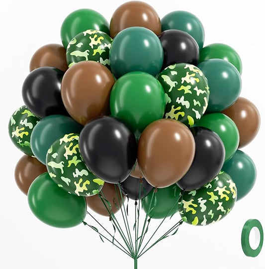 60pcs 12inch Camo Balloons, Green and Brown balloons with Dark Green Black Balloons for Hunting Camping Game Jungle Theme Camo Birthday Party Decorations