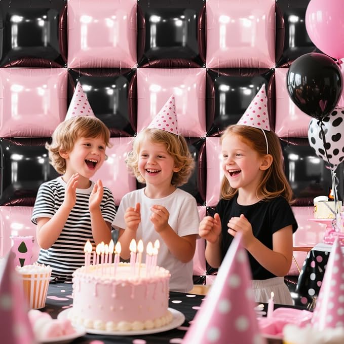 NISOCY 25PCS Black and Pearl Pink Square Foil Balloons Wall Backdrop Double Sided Black and Pearl Pink Balloons Arch Kit for Birthday Party Anniversary Wedding Baby Shower Decorations