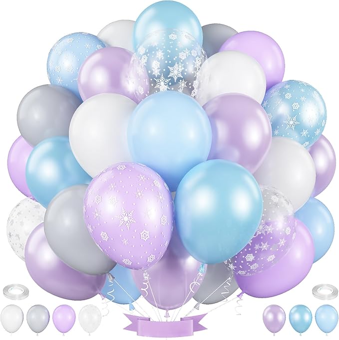Purple Blue Snowflake Balloons Pastel Light Blue Purple White Balloons Pearl Winter Snow Wonderland Balloon Set for Girls Princess Mermaid Ice Birthday Christmas Baby Shower Wedding Party Decorations