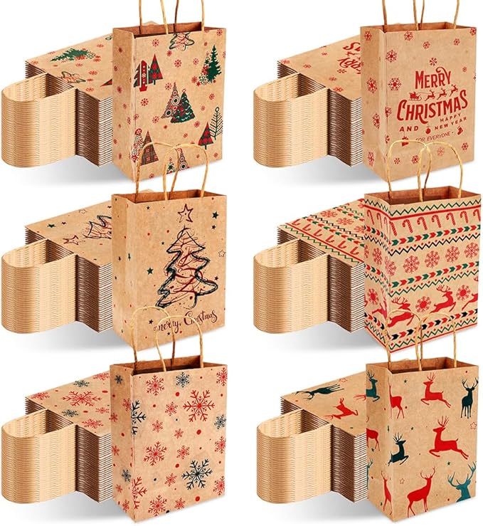 EUBUY 96 Pcs Christmas Kraft Gift Bags Bulk Xmas Holiday Paper Gift Bags, Holiday Paper Goody Treat Candy Bag for Xmas Decor Supplies Classrooms Wedding and Party Favors