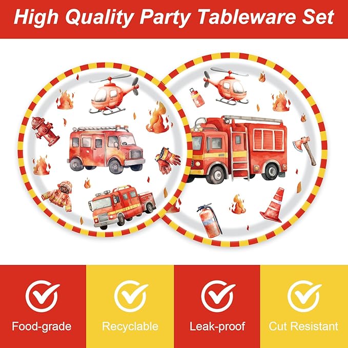 96Pcs Firetruck Birthday Party Decorations for 24 Guests - Disposable Tableware Firetruck Party Supplies Plates and Napkins Forks for Boys Baby Shower Birthday Decorations