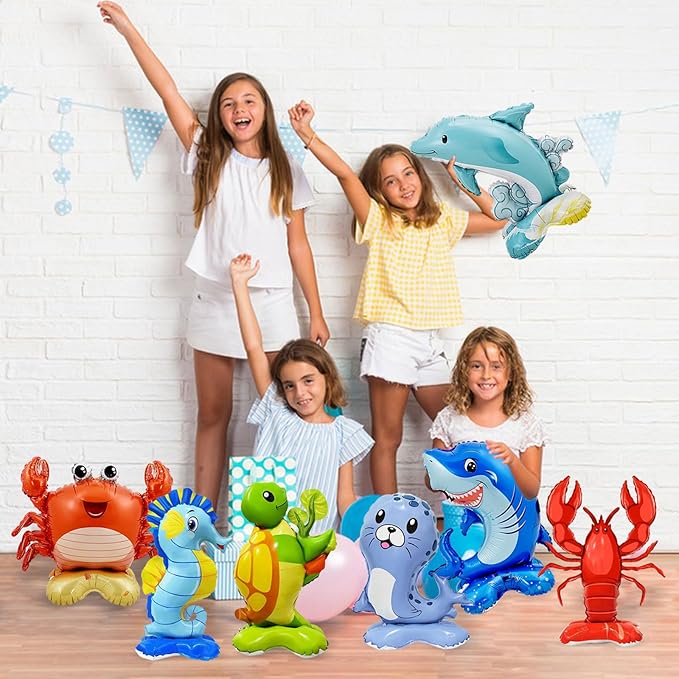 7 Pcs Ocean Animal Balloons - Standing Turtle Seahorse Dolphin Shark Crab Lobster Sea Lion Foil Balloons for Under The Sea Themed Party Decorations