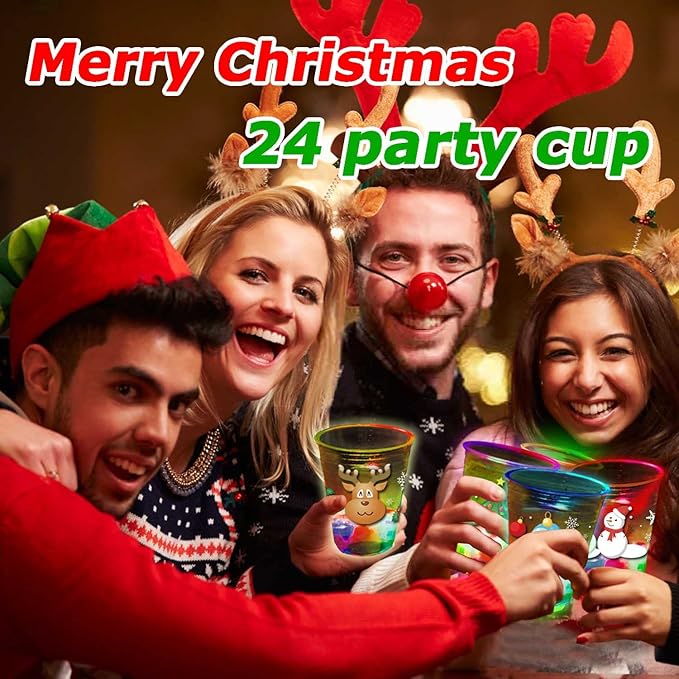 mishunyus 24 Pcs Christmas Party Cups, Glow Christmas Theme Cups, for Holiday Party Supplies, for Nighttime Fun, BBQ, Holiday Decor, with 8 pattern