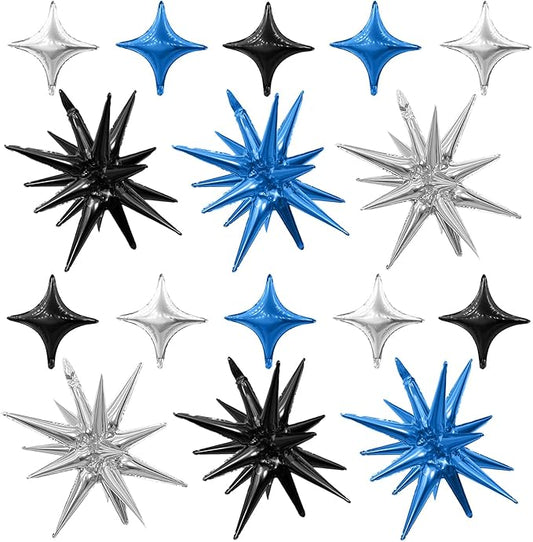 Black Blue Silver Star Balloons,Explosion Star Balloons Kit with 6Pcs 22Inch Cone Star Foil Balloons and 10Pcs 10Inch Four Pointed Star Balloons for Birthday Anniversary Disco Party Decorations