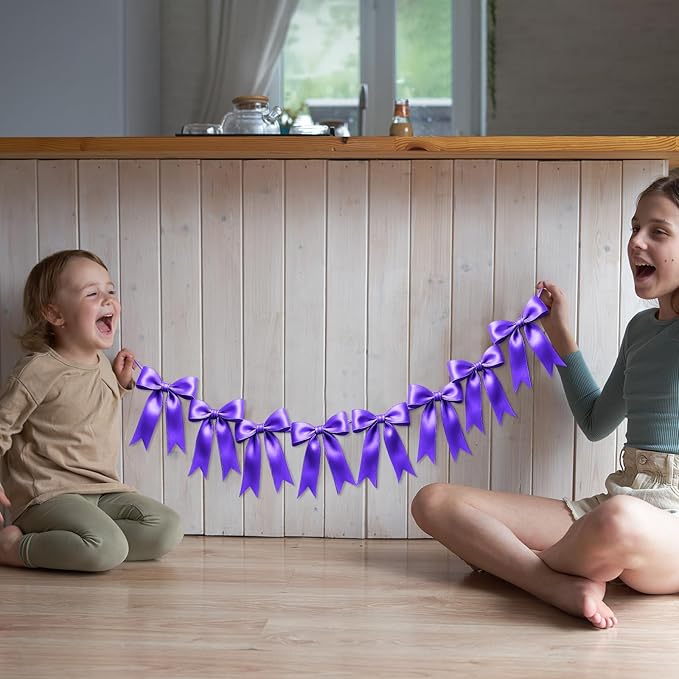 1 String of 8PCS Purple Bow Garland Banner Decoration,Pre-Strung Satin Ribbon Ornaments for Birthday,Bachelorette Party,Bridal Shower,Wedding,Engagement,Baby Shower,Graduation Decor,Anniversary