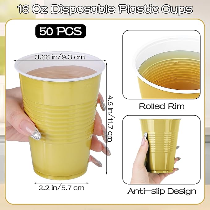 50 Pack 16 Ounce Disposable Plastic Cups Black and Gold Plastic Party Cups Heavy Duty Drinking Cup Bulk for Party Graduation Wedding Birthday Halloween Festival Supplies
