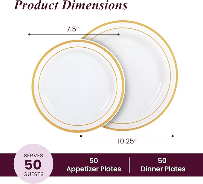 Aya's Cutlery Kingdom 100 White and Gold Plastic Plates for Thanksgiving Dinner - Fancy Plate for Party - 50 (10") Dinner and 50 (7.5") Salad Plates - Heavy Duty, Elegant Disposable Tableware Set
