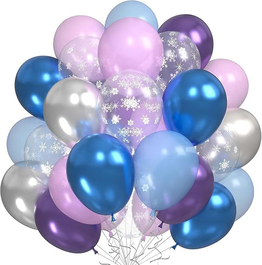 Blue Purple Silver Balloons, 60PCS Snow Balloons Metallic Purple Blue Silver Balloon with Pearl Blue Purples Snowflake Print Party Balloon for Girls Birthday Winter Snow Wonderland Party Decorations