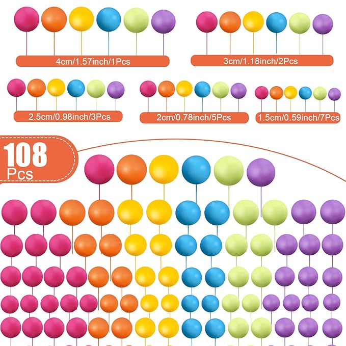 108 Pcs Balls Cake Topper DIY Cupcake Insert Foam Balloons for Cake Baking Wedding Anniversary Birthday Decoration(Sweet Colors,Multi Sizes)