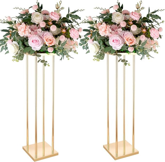Set of 2 Wedding Centerpieces Geometric High Gold Vases - 31.5" Artificial Flower Display Stand for Wedding Christmas Carnival Party Dinner Event Hotel Home Decor Arrangement
