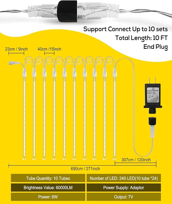 Meteor Shower Lights Outdoor Christmas Lighting Falling Rain Lights 12Inch 10Tubes Rain Drop Light Snowfall Icicle Cascading String Decor for Xmas Holiday Tree Garden Decor,Shine Warm White