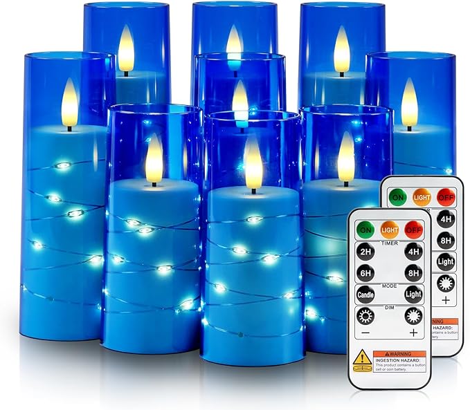 Raycare Flameless Candle with Remote Timer – 9 Flickering Acrylic Battery Operated LED Pillar Candles with Embedded Star String for Christmas, Home Decor, and as a Gift (Blue)