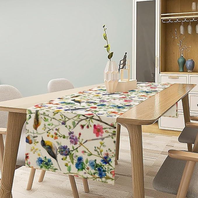 Spring Bird Floral Table Runner,Summer Birds Table Runner Burlap Table Decoration for Seasonal Home Kitchen Dining Dinner Indoor Holiday Farmhouse Decor 13x70 Inch