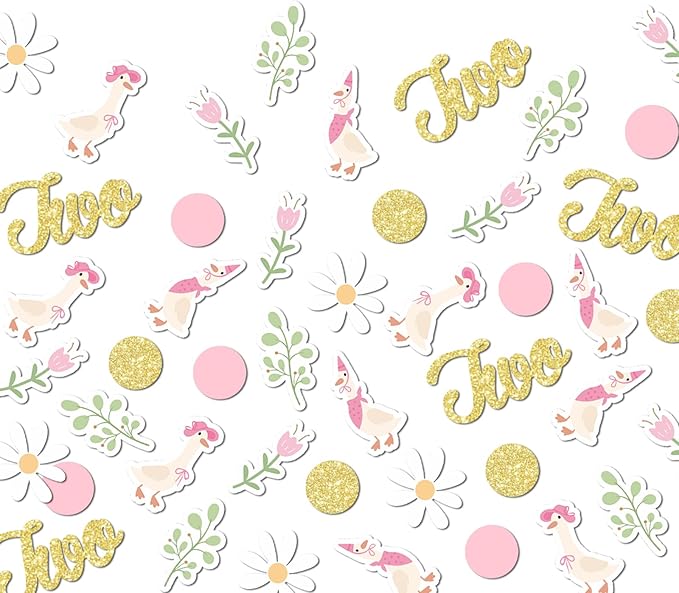 220PCS Two Silly Goose Birthday Decorations for Girl, Goose Dot Leaves Flower 2nd Birthday Confetti for Pink and Gold 2 Year Old Bday Decor