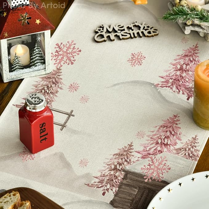 Artoid Mode Xmas Trees Let It Snow Snowman Christmas Table Runner, Seasonal Winter Holiday Kitchen Dining Table Decoration for Home Party Decor 13x72 Inch