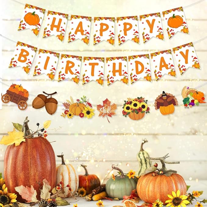 Autumn Birthday Party Decorations,Pumpkin Maple Sunflower Turkey Harvest Farm party supplies Favors,Fall Happy Birthday Banner,Thanksgiving Party Banner,Autumn Party Cake Topper