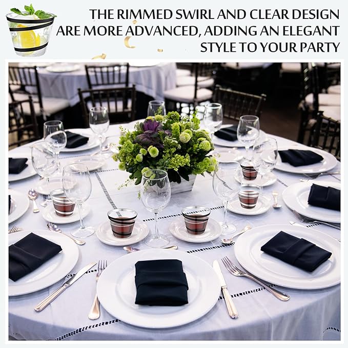 Gejoy 9 oz Rimmed Swirl Plastic Cups Disposable Wine Drinking Cups Clear Elegant Halloween Tumblers for Christmas Party Supplies(Silver, Black,100 Pcs)