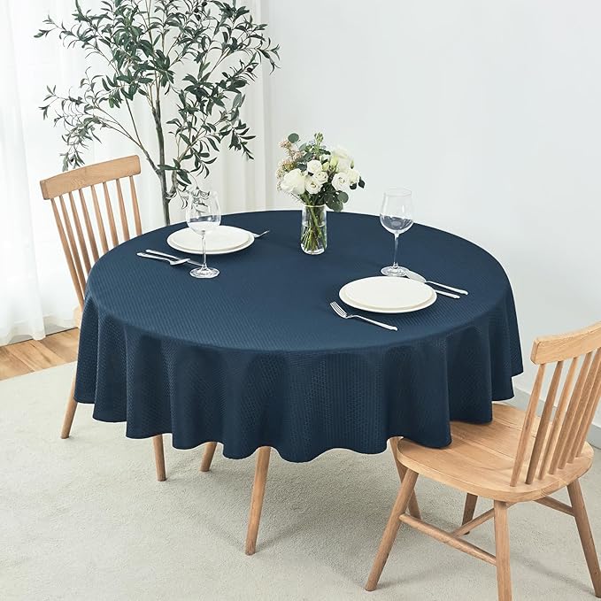 maxmill Round Weaved Texture Design Tablecloth Spill-Proof Wrinkle Free Soft Washable Table Cloth for Circular Table Cover, for Dining Room Buffet Banquet Parties Holiday Dinner, 70 Inch Navy Blue
