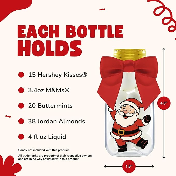 12 Pack Christmas Candy Jars with Ribbons and Stickers – Santa and Friends Party Favor Bottles for Kids – DIY Holiday Party Decorations, Classroom Gifts, and Stocking Stuffers