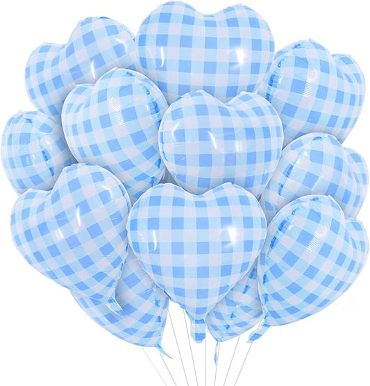 TONIFUL 15Pcs 18 Inch Checkered Blue Balloons Checkered Blue Heart Shape Foil Mylar Banners Decoration for Birthday Valentine's Day Wedding Bridal Shower Anniversary Engagement Party Supplies
